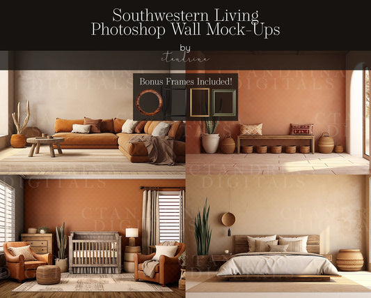 Wall Mock-Ups, Southwestern Living Room Mock-Ups, Photo Wall Mockups, Room Mock-Ups, IPS Photo Masks, Wall Frame Masks for Website and Blog