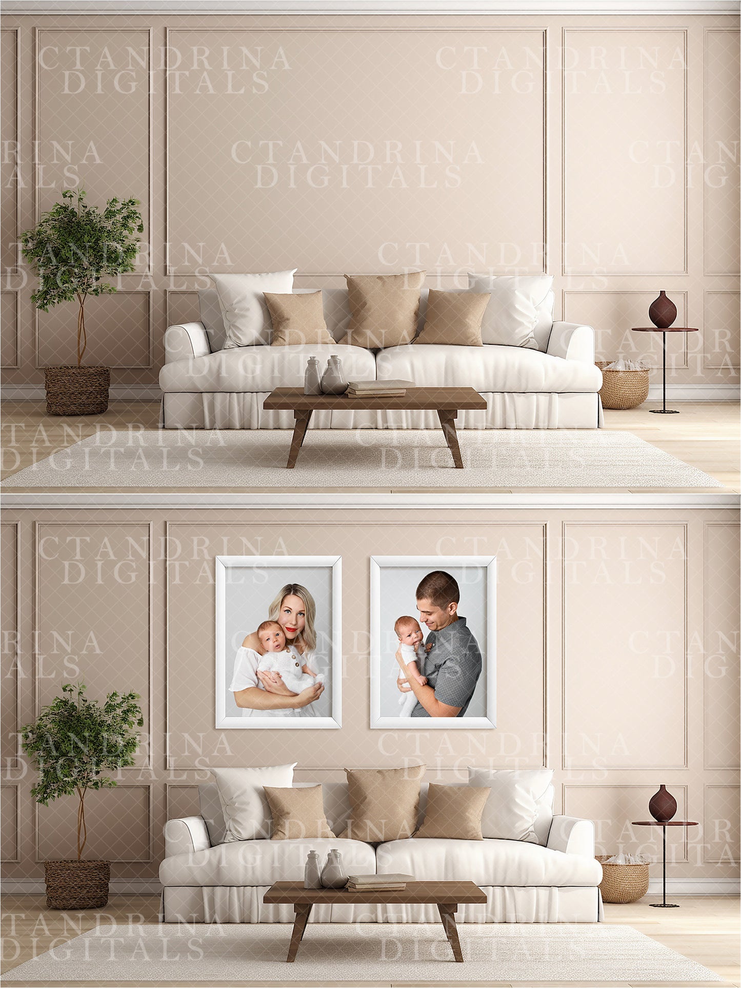 Wall Mock-Ups, Traditional Beige Room Mock-Ups, Photo Wall Mockups, Room Mock-Ups, IPS Photo Masks, Wall Frame Masks for Website and Blog