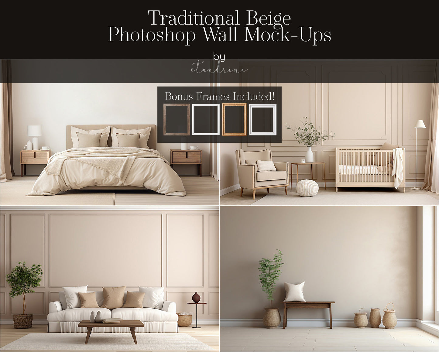 Wall Mock-Ups, Traditional Beige Room Mock-Ups, Photo Wall Mockups, Room Mock-Ups, IPS Photo Masks, Wall Frame Masks for Website and Blog