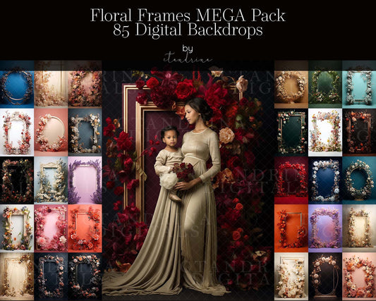 Floral Frame Digital Backdrops MEGA PACK, Framed Floral Maternity Digital Backdrops for Photoshop, Colorful and Neutral Floral Frames