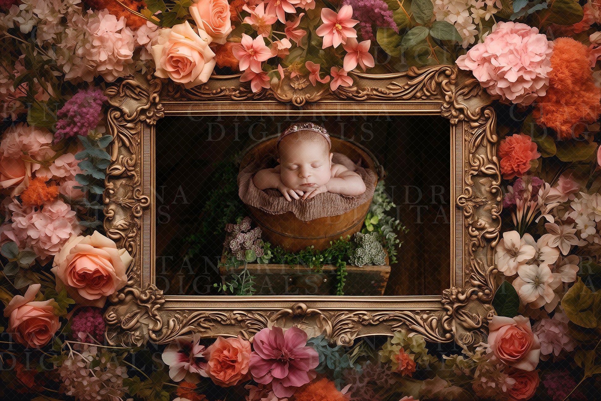 Frame in Florals Digital Photo Template, Antique Frame in Flowers Backdrop for Photoshop, Fine Art Frame Template, PNG Frame for Photoshop