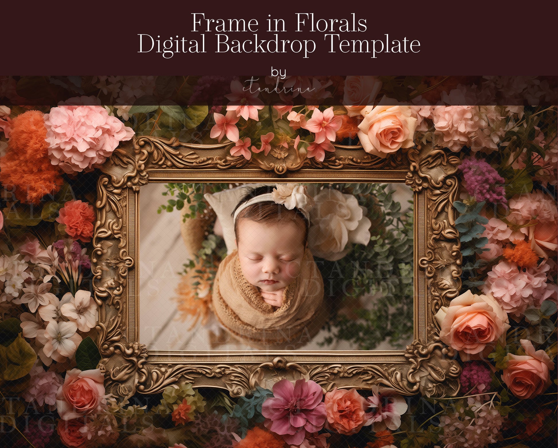 Frame in Florals Digital Photo Template, Antique Frame in Flowers Backdrop for Photoshop, Fine Art Frame Template, PNG Frame for Photoshop