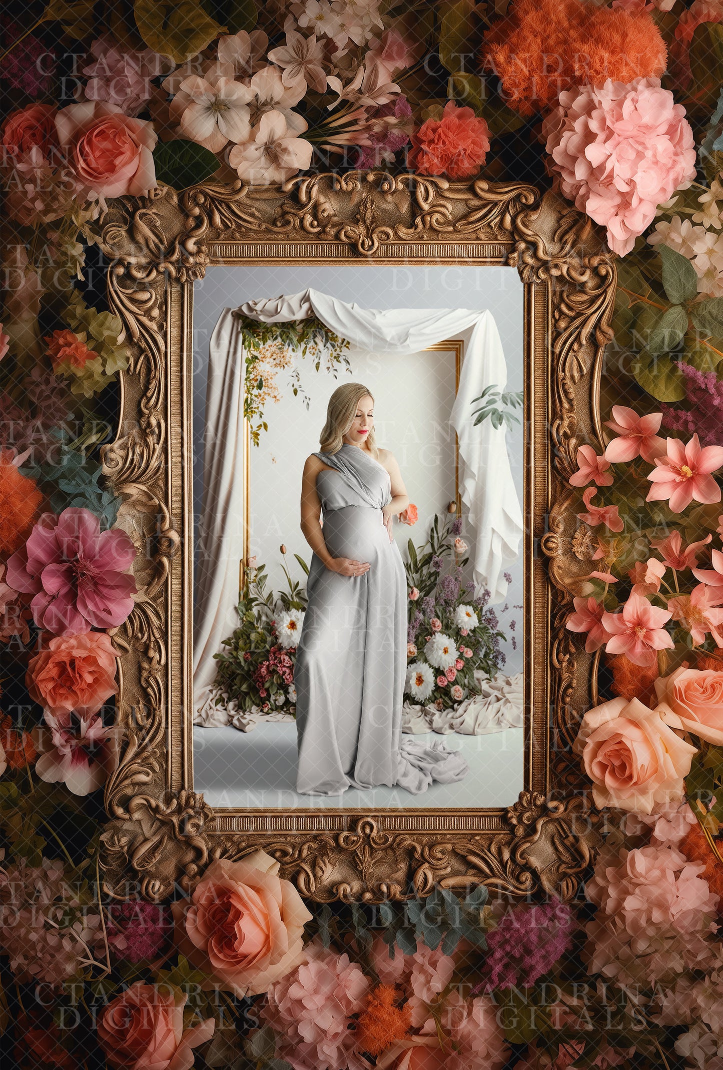 Frame in Florals Digital Photo Template, Antique Frame in Flowers Backdrop for Photoshop, Fine Art Frame Template, PNG Frame for Photoshop