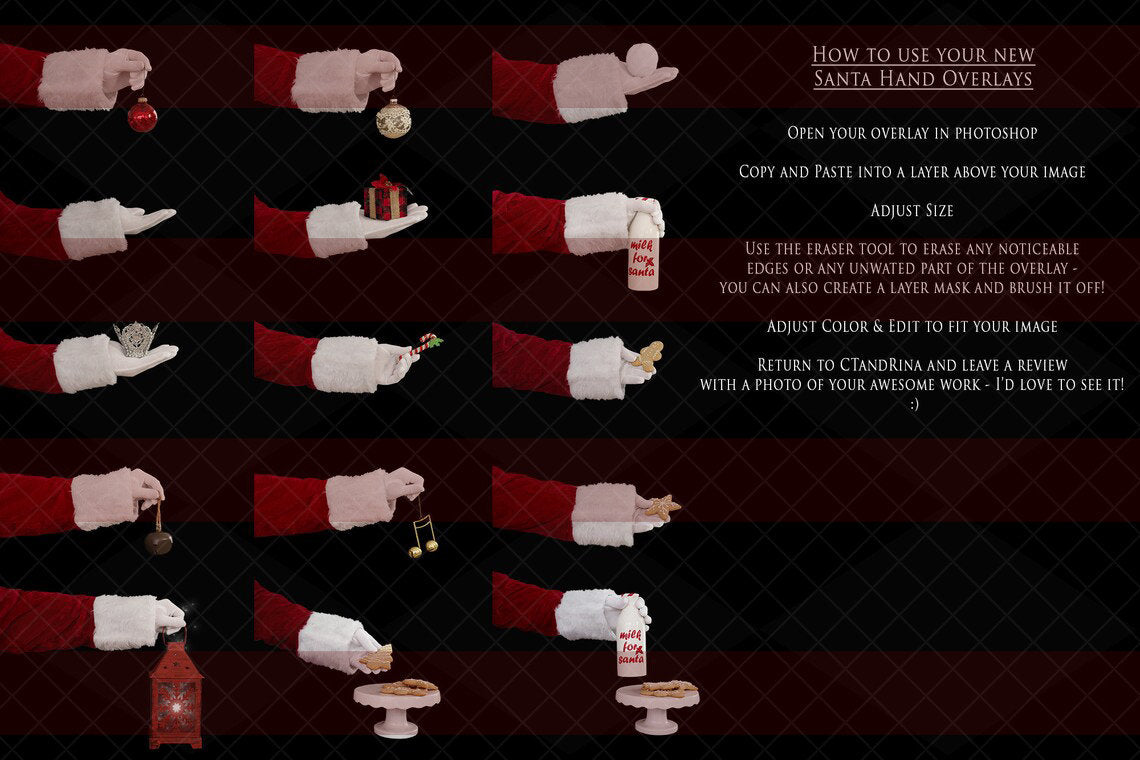 15 Santa Hand Overlays, Santa Claus Overlays, Santa Hand .PNG, Santa Sleeve and Glove, Christmas Overlays, Holiday Overlays for Photoshop