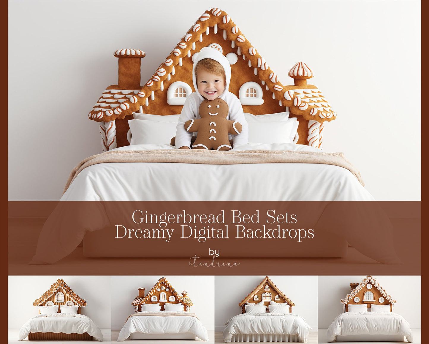 Gingerbread Bed Set Digital Backdrops, Gingerbread Headboard Backgrounds, Christmas Digital Backdrops for Photoshop Composite - Set of 4