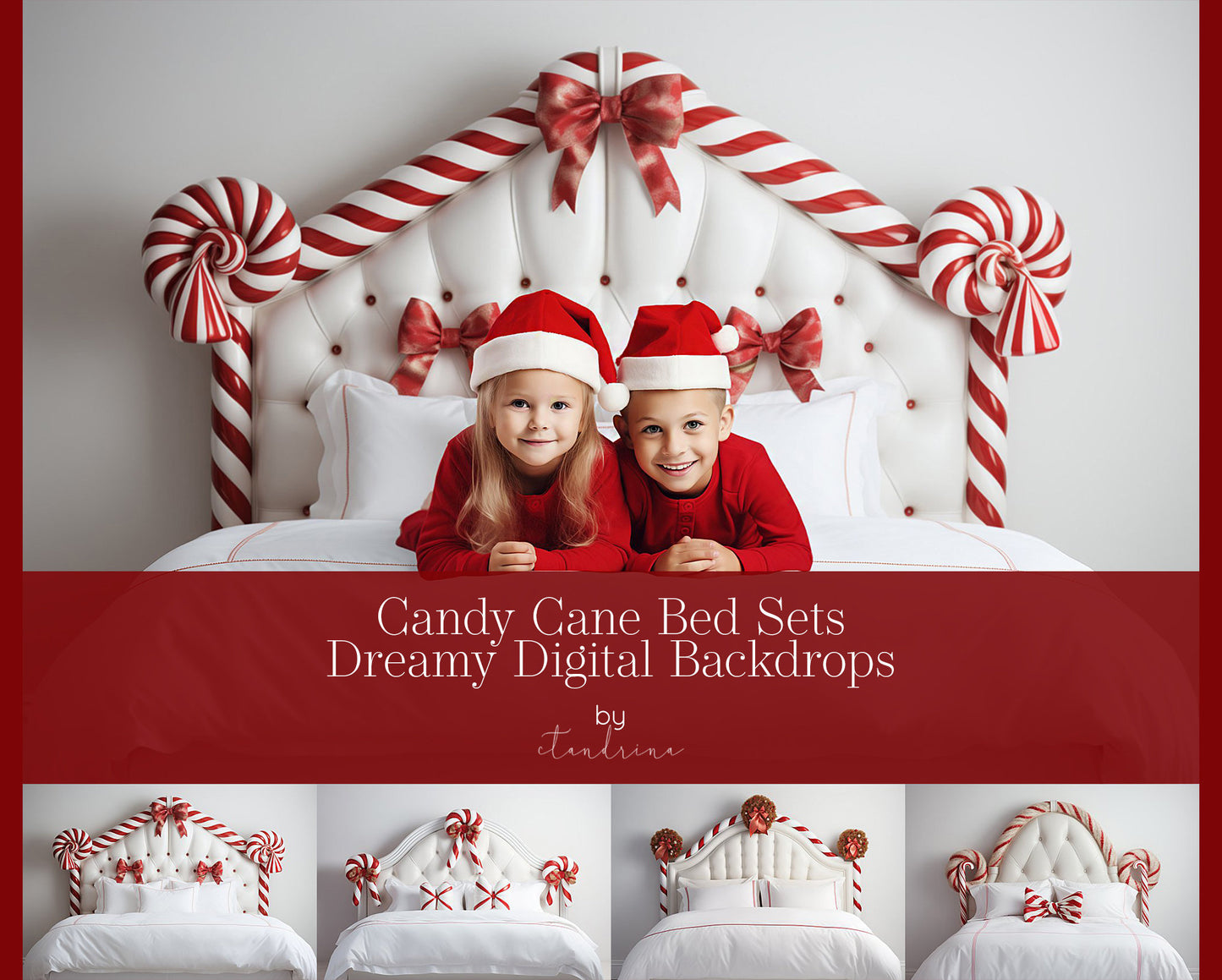 Candy Cane Bed Set Digital Backdrops, Candy Cane Headboard Backgrounds, Christmas Digital Backdrops for Photoshop Composite - Set of 4