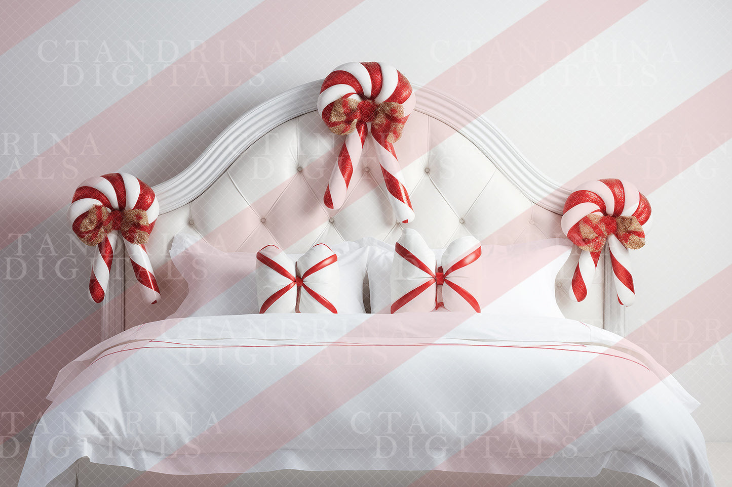 Candy Cane Bed Set Digital Backdrops, Candy Cane Headboard Backgrounds, Christmas Digital Backdrops for Photoshop Composite - Set of 4