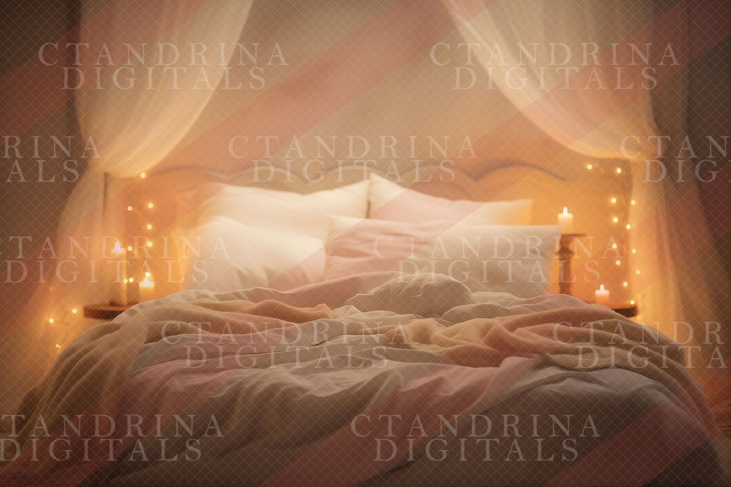 Cozy Candle Bed Digital Backdrops, White and Beige Bed with String Lights and Candles, Boudoir Digital Background for Composites - 4 Pack