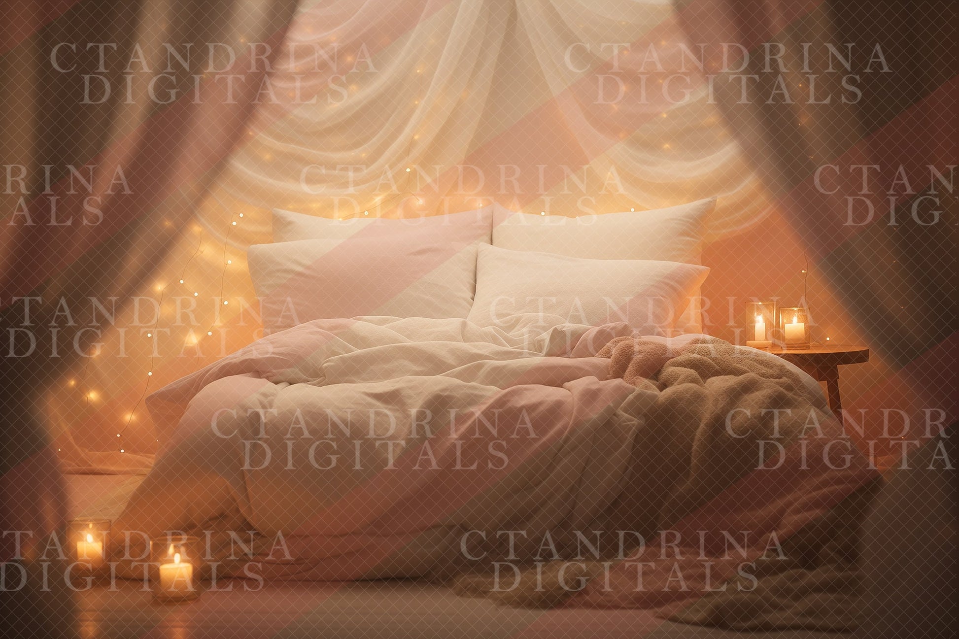 Cozy Candle Bed Digital Backdrops, White and Beige Bed with String Lights and Candles, Boudoir Digital Background for Composites - 4 Pack