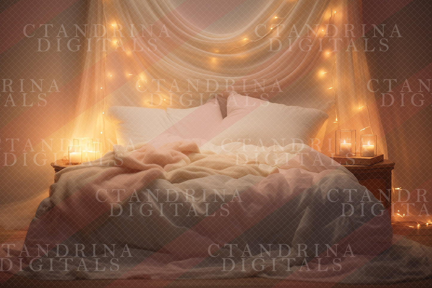 Cozy Candle Bed Digital Backdrops, White and Beige Bed with String Lights and Candles, Boudoir Digital Background for Composites - 4 Pack