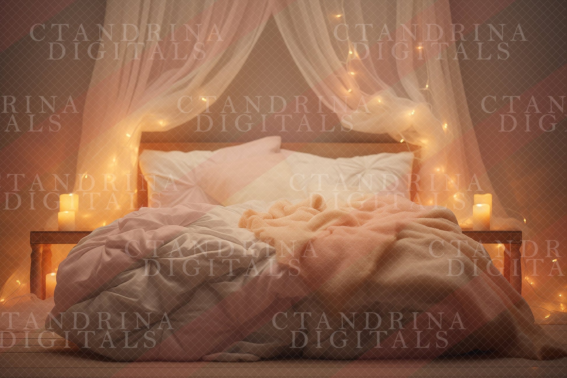 Cozy Candle Bed Digital Backdrops, White and Beige Bed with String Lights and Candles, Boudoir Digital Background for Composites - 4 Pack