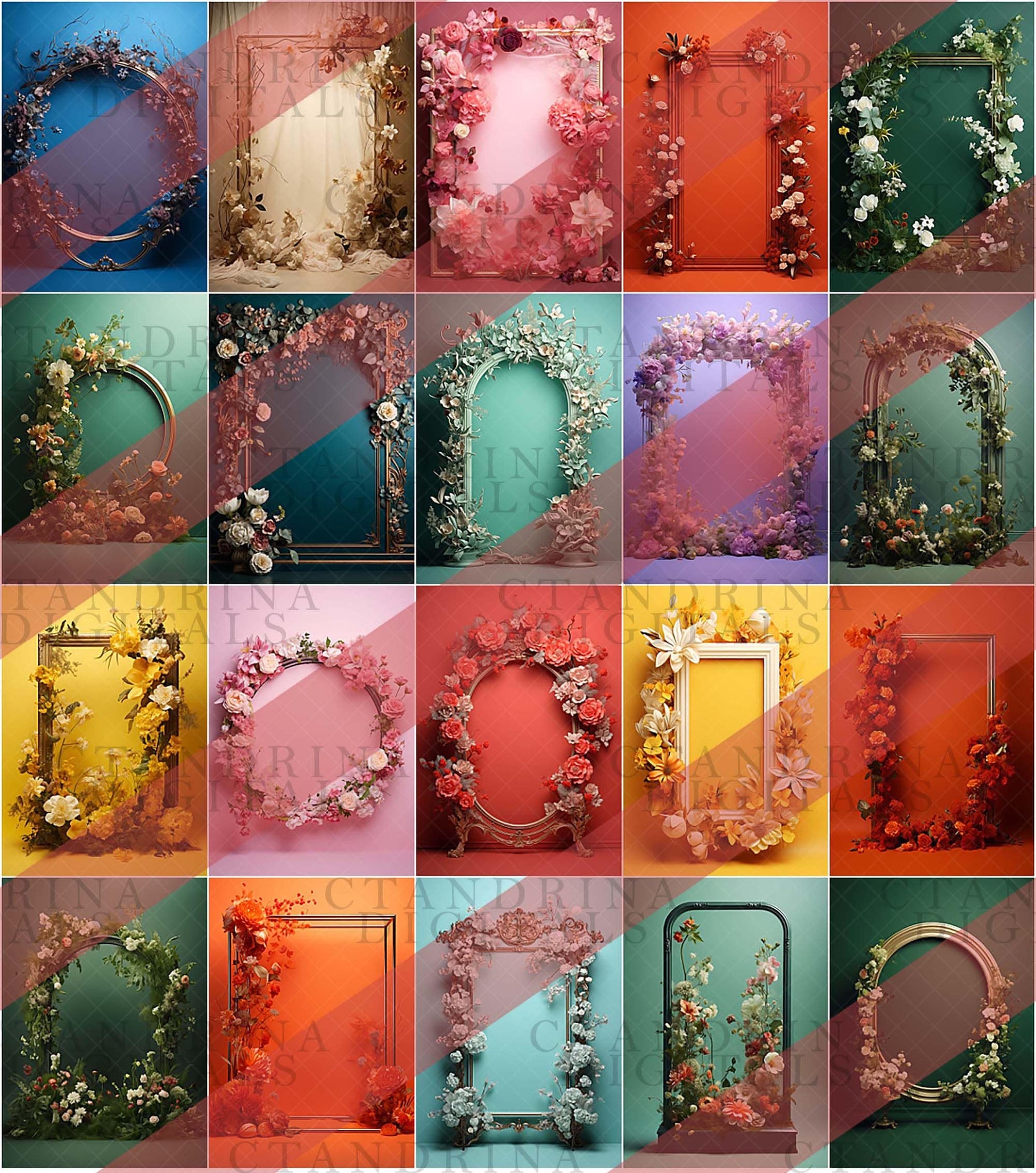 Floral Frame Digital Backdrops MEGA PACK, Framed Floral Maternity Digital Backdrops for Photoshop, Colorful and Neutral Floral Frames