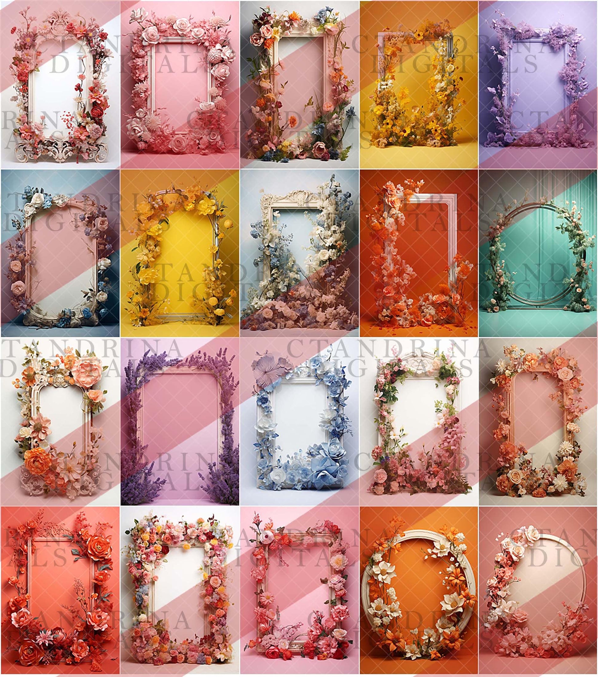 Floral Frame Digital Backdrops MEGA PACK, Framed Floral Maternity Digital Backdrops for Photoshop, Colorful and Neutral Floral Frames