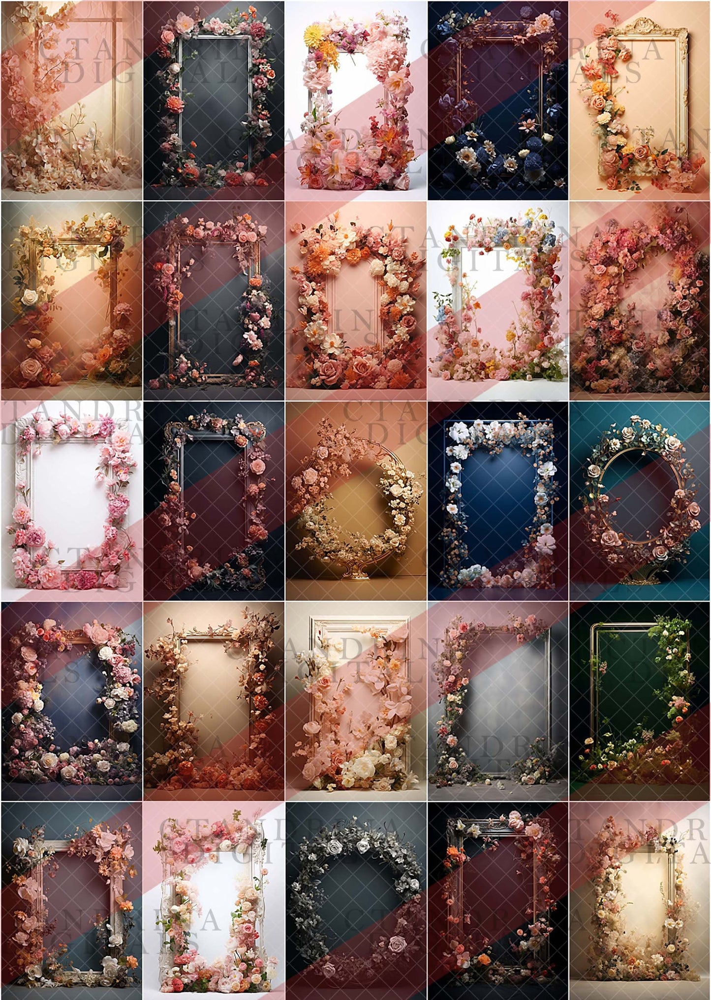 Floral Frame Digital Backdrops MEGA PACK, Framed Floral Maternity Digital Backdrops for Photoshop, Colorful and Neutral Floral Frames