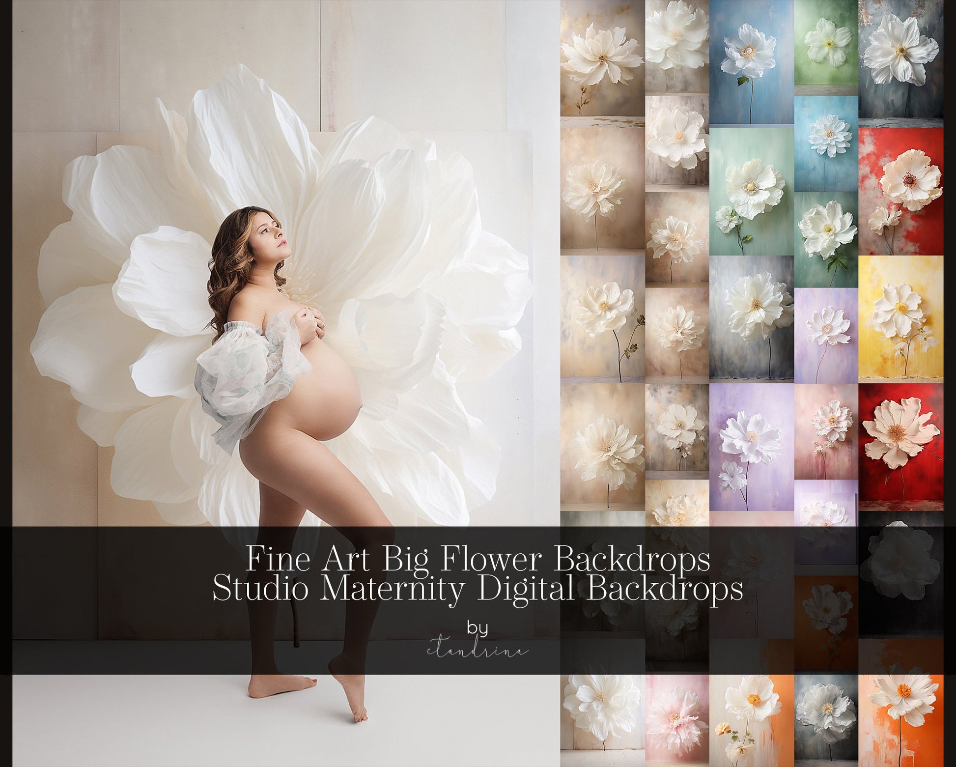 Fine Art Big Flower Digital Backdrops, Floral Digital Backdrops, Maternity Digital Backdrops for Photoshop, Big Floral Digital Backgrounds, ctandrina digitals, best seller, pregnancy studio backdrop overlays, best flower overlays, big flower filters